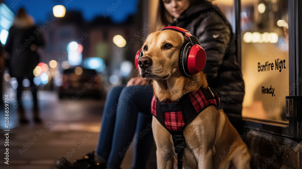 Dog with noise cancelling ear muffs on city street at night Dog with noise cancelling ear muffs on city street at night