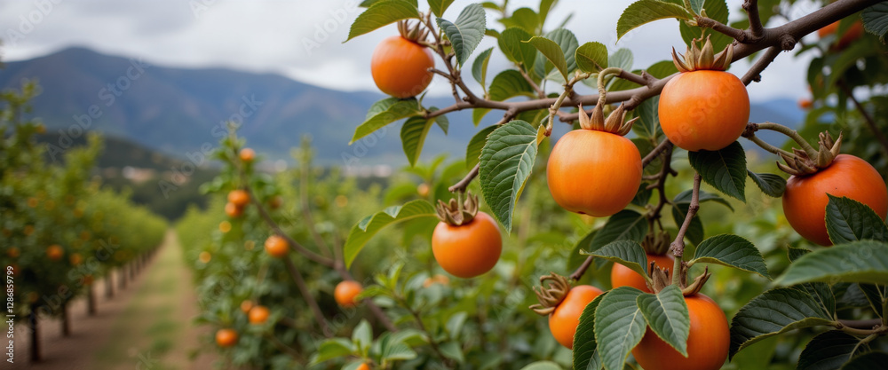 Vibrant orange persimmons on branch in lush landscape, natural abundance Vibrant orange persimmons on branch in lush landscape, natural abundance