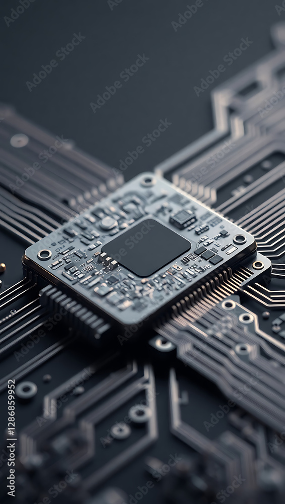 Fototapeta premium Advanced Microprocessor on Circuit Board: High-Tech Electronics & Computer Hardware Engineering Innovation