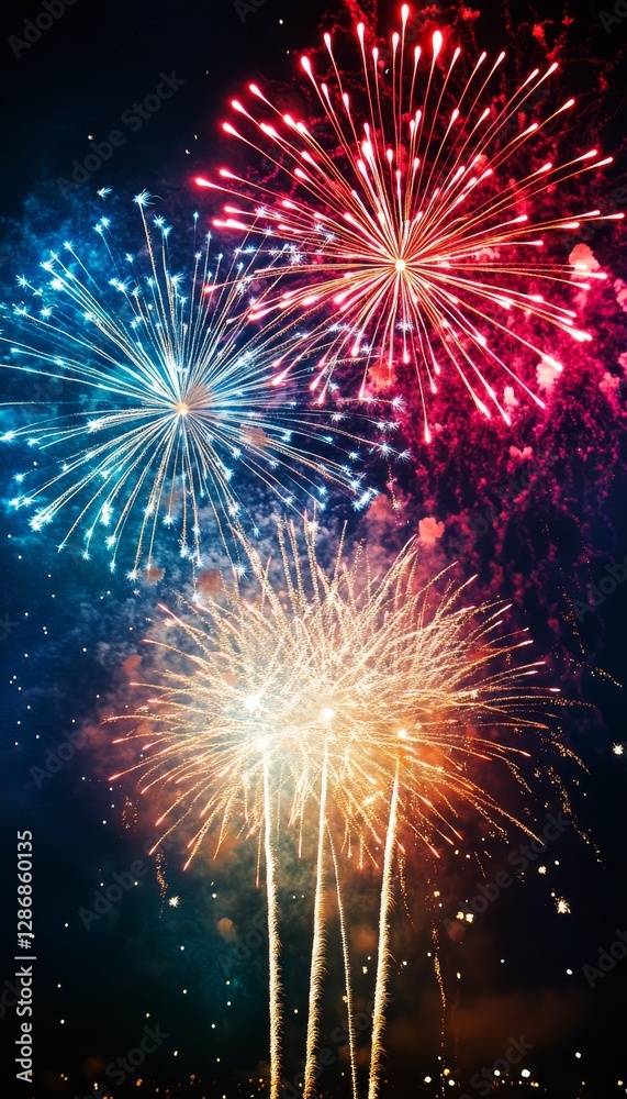 Vibrant fireworks illuminate the night sky, celebrating the joy and beauty of new year festivities Vibrant fireworks illuminate the night sky, celebrating the joy and beauty of new year festivities