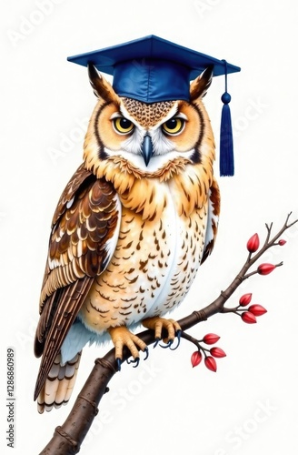 Animal in a graduate costume. Owl in a black graduation hat and mortar board isolated on a white background. College or university graduation concept. Funny pet.
