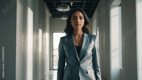 Visionary South Asian woman in chic minimalist pantsuit poses in sunlit studio with natural daylight through large windows