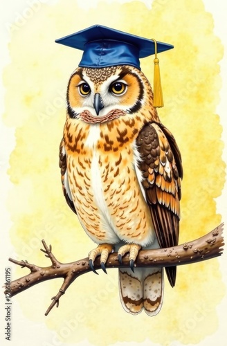 Animal in a graduate costume. Owl in a black graduation hat and mortar board on a yellow background. College or university graduation concept. Funny pet.