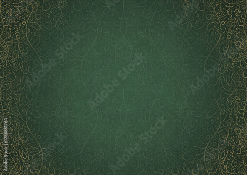 Wallpaper Mural Hand-drawn unique abstract ornament. Light green on a dark warm green background, with vignette in golden glitter and splatters on darker background color. Paper texture. A4. (pattern: p13-2b) Torontodigital.ca