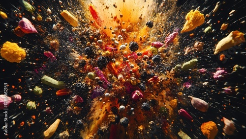 Explosive Colorful Mix of Spices and Ingredients in an Artistic Display Creating a Dynamic and Vibrant Culinary Explosion