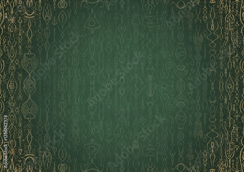 Wallpaper Mural Hand-drawn unique abstract ornament. Light green on a dark warm green background, with vignette in golden glitter and splatters on darker background color. Paper texture. A4. (pattern: p14a) Torontodigital.ca