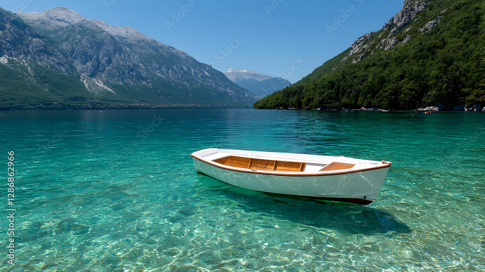 Calm lake boat, mountains, summer, crystal clear water, travel Calm lake boat, mountains, summer, crystal clear water, travel