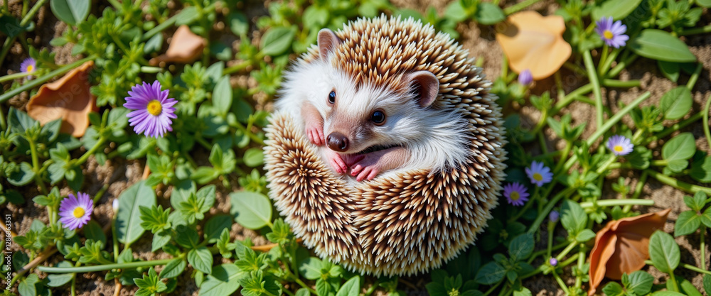 Hedgehog curled into a ball in lush garden, nature's tranquility Hedgehog curled into a ball in lush garden, nature's tranquility