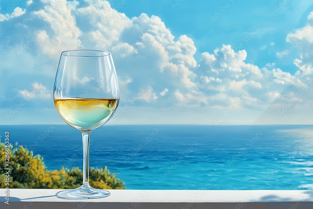Glass of White Wine by the Ocean Under a Sunny Sky Glass of White Wine by the Ocean Under a Sunny Sky