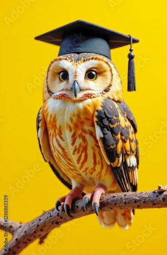 Animal in a graduate costume. owl in a black graduation hat and mortar board on a yellow background. College or university graduation concept. Funny pet.