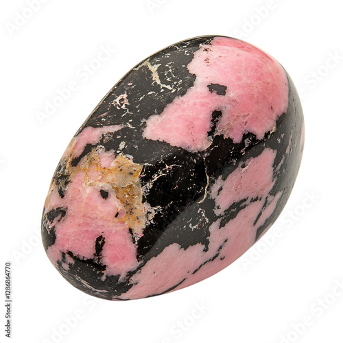 A Smooth Rhodonite Stone with Pink and Black Pattern Isolated on Transparent Background