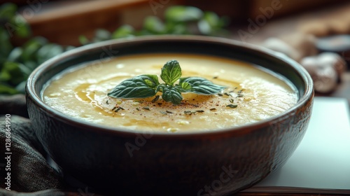 Creamy soup in bowl on wooden table, herbs and garlic in background photo