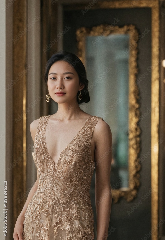 Fototapeta premium Luxurious Hong Kong woman in couture gown exudes elegance in a lavish boutique showroom with golden hour light in a luxury apartment interior