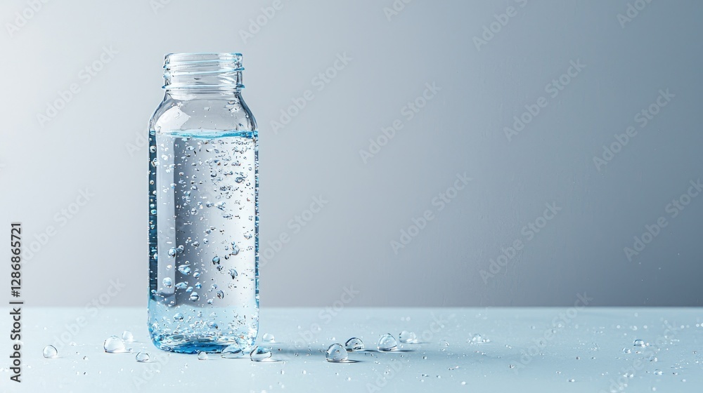 Glass bottle of water, droplets, light blue background, hydration Glass bottle of water, droplets, light blue background, hydration
