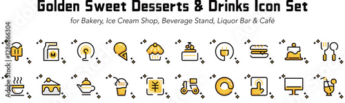 cute black golden sweet dessert drink icon, lovely yellow orange flat MBE stylish vector symbol, adorable gold product illustration for bakery ice cream shop beverage stand liquor bar cafe treats item