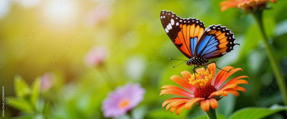 Delicate butterfly perched on vibrant flower in lush garden, serenity Delicate butterfly perched on vibrant flower in lush garden, serenity
