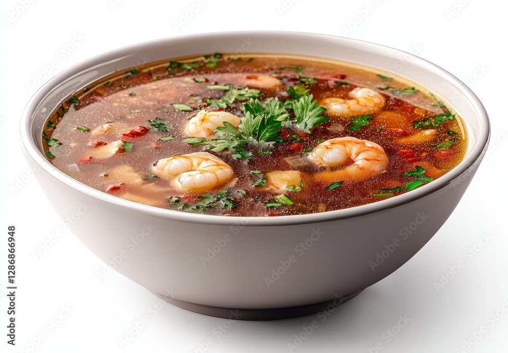 Fresh and Flavorful Shrimp Soup Served in a White Bowl with Herbs and Spices, Perfect for Culinary Creations and Delighting Taste Buds Fresh and Flavorful Shrimp Soup Served in a White Bowl with Herbs and Spices, Perfect for Culinary Creations and Delighting Taste Buds