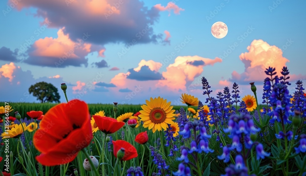 Vibrant wildflower meadow under a full moon glowing in an evening sky with colorful clouds Vibrant wildflower meadow under a full moon glowing in an evening sky with colorful clouds