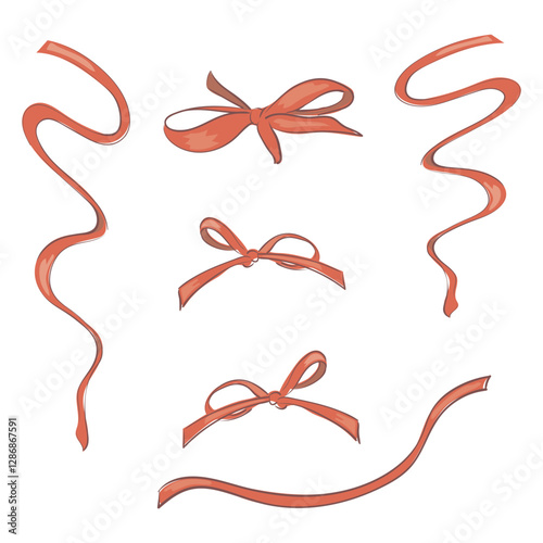 Red ribbons and yoke bows. Vintage elements in simple style. Trendy artistic symbols for Valentine's Day and wedding invitations. Doodle vector illustration for birthday and gifts.