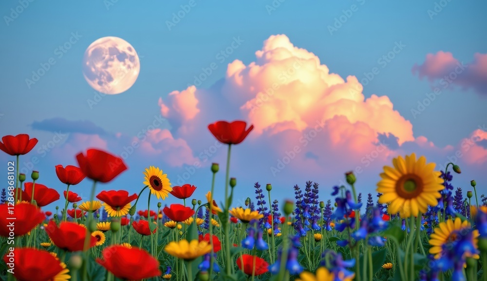 Fototapeta premium Vibrant wildflower meadow under a full moon glowing in an evening sky with colorful clouds