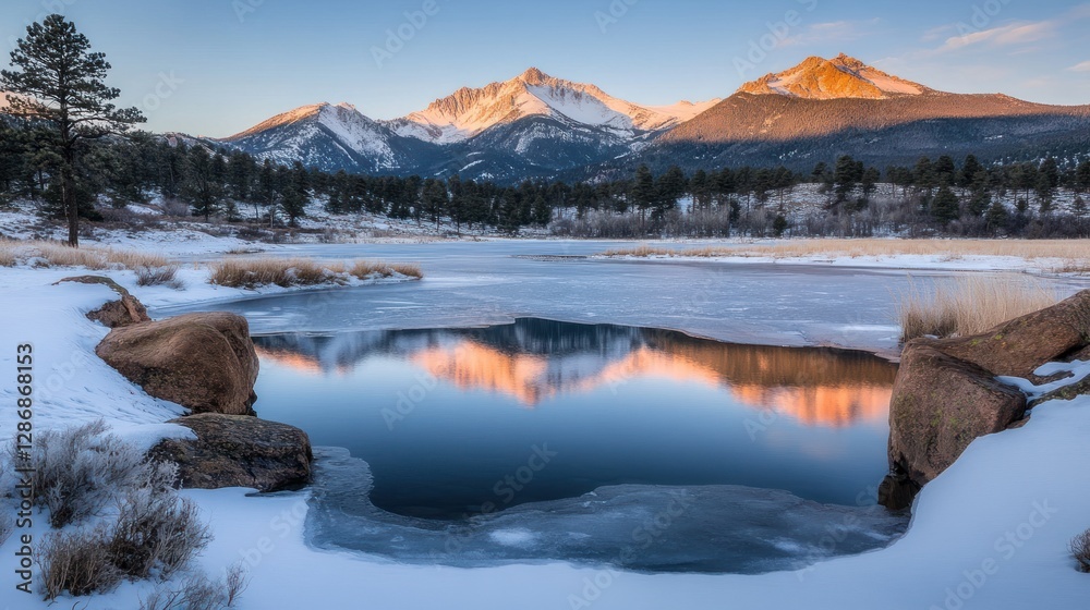 Snowy Mountain Reflection on Frozen Lake at Sunrise Landscape Snowy Mountain Reflection on Frozen Lake at Sunrise Landscape