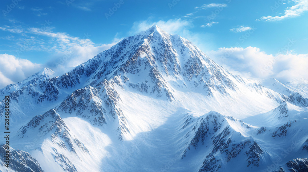 Fototapeta premium Towering snowy peak with steep slopes and clouds under a bright blue sky