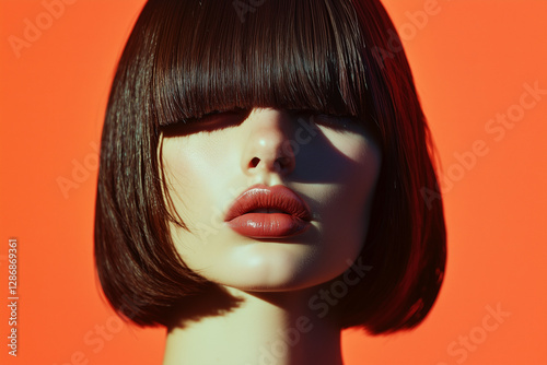 Feminine model with striking bangs covering her eyes and full lips