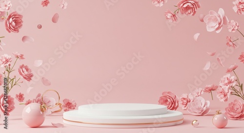 a soft pink background with delicate floral elements, including floating flowers and petals.