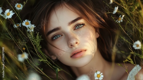 Young woman with blue eyes lying in a field of daisies looking at the camera with a serene and dreamy expression photo