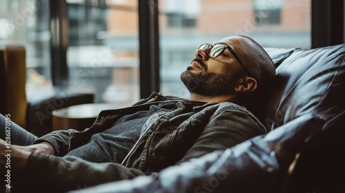 Relaxed man wearing glasses resting on a leather couch near a window with natural light in a modern indoor setting photo