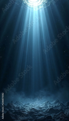 Dramatic Underwater Scene Sunbeams Illuminate Deep Ocean Floor Rocky Abyssal Plain
