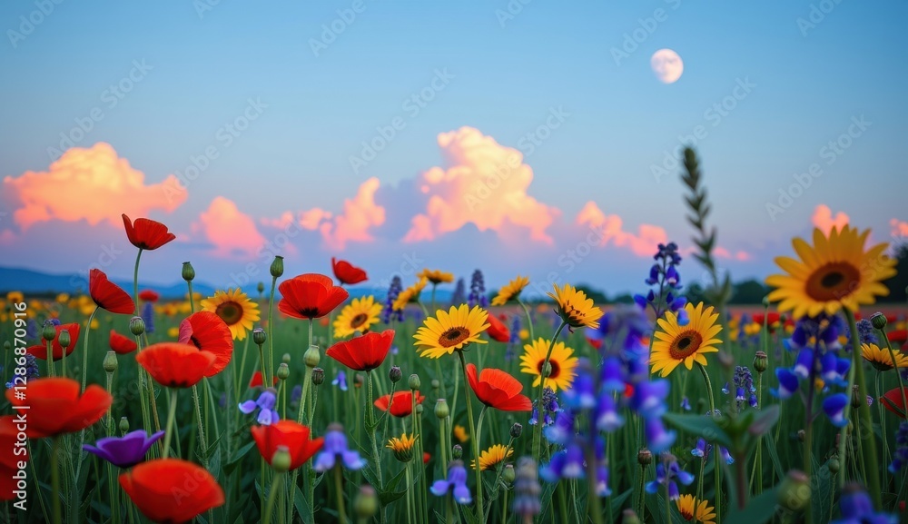 Fototapeta premium Vibrant wildflower meadow under a full moon glowing in an evening sky with colorful clouds