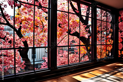  Beautiful cherry blossom tree in full bloom framed by a window with warm sunlight streaming in, creating a serene and dreamy view photo