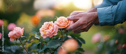 Fototapeta Naklejka Na Ścianę i Meble -  Aging hands delicately tending to blooming peach roses in a sunlit garden, capturing the beauty and care in nurturing nature's wonders.