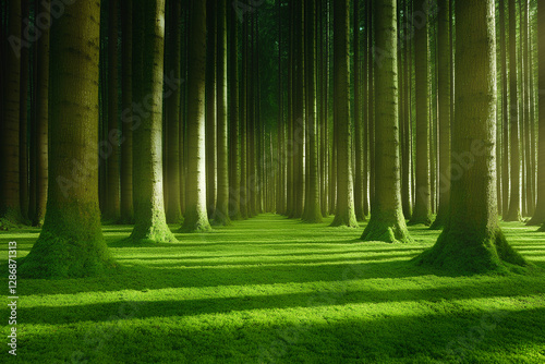 A serene morning scene in a lush green forest with tall trees bathed in sunlight, creating a peaceful and rejuvenating atmosphere photo
