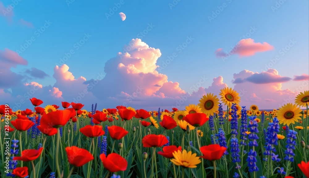 Obraz premium Vibrant wildflower meadow under a full moon glowing in an evening sky with colorful clouds