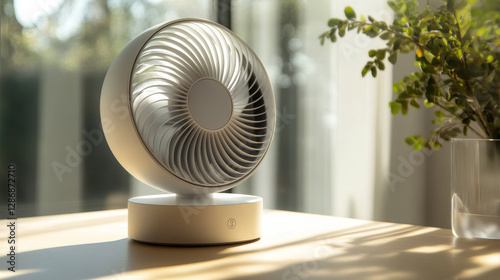 A tabletop white fan with rapidly spinning blades, designed to circulate cool air in a home environment on a warm, sunny day