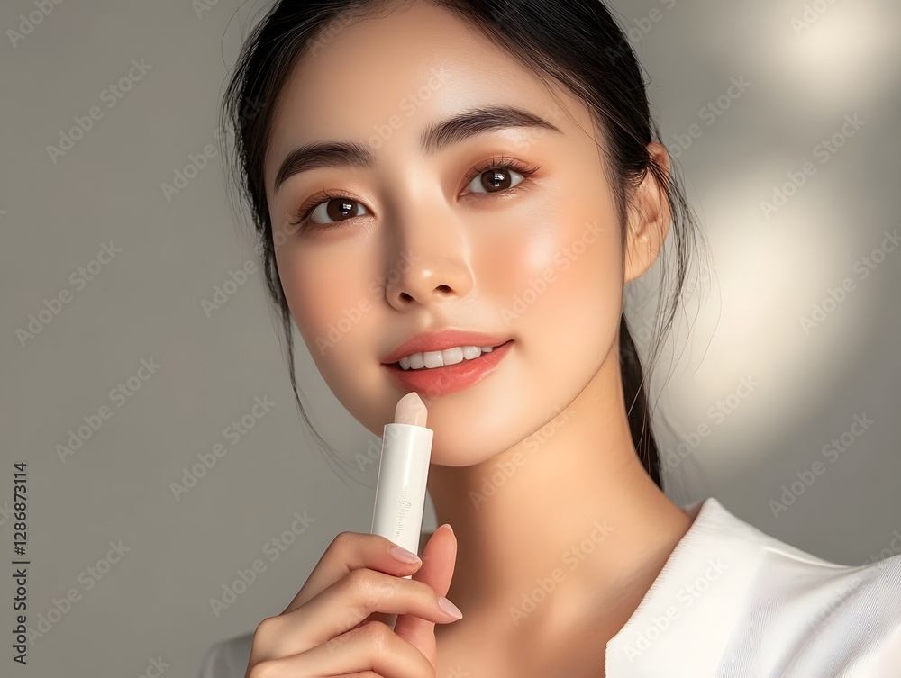 Asian woman using innovative sunscreen stick for smooth, radiant skin protection and UV defense Asian woman using innovative sunscreen stick for smooth, radiant skin protection and UV defense