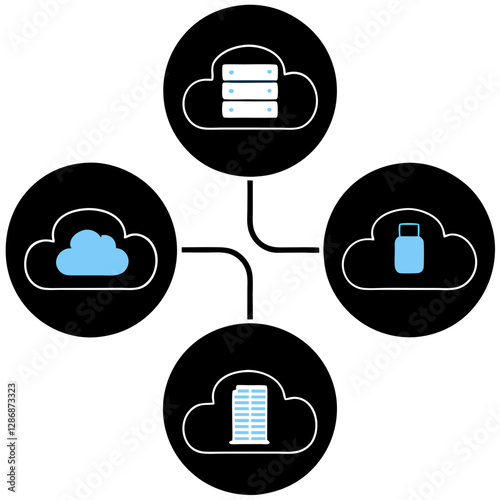 Cloud Computing Network Silhouette Vector with Secure Storage and Servers

