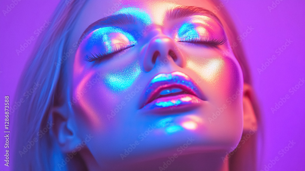 Close up of person face with closed eyes and bright colorful makeup in blue pink and purple lighting Close up of person face with closed eyes and bright colorful makeup in blue pink and purple lighting