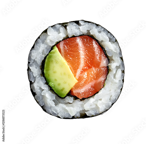 sushi maki piece with salmon and avocado on transparent background