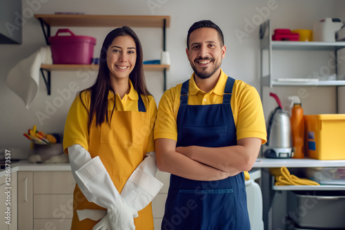 a happy cleaning service man and a woman in uniform, cleaning tools. Their teamwork and professionalism shine through in this photo.