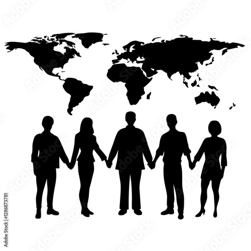 Global Unity Silhouette Vector with People Holding Hands

