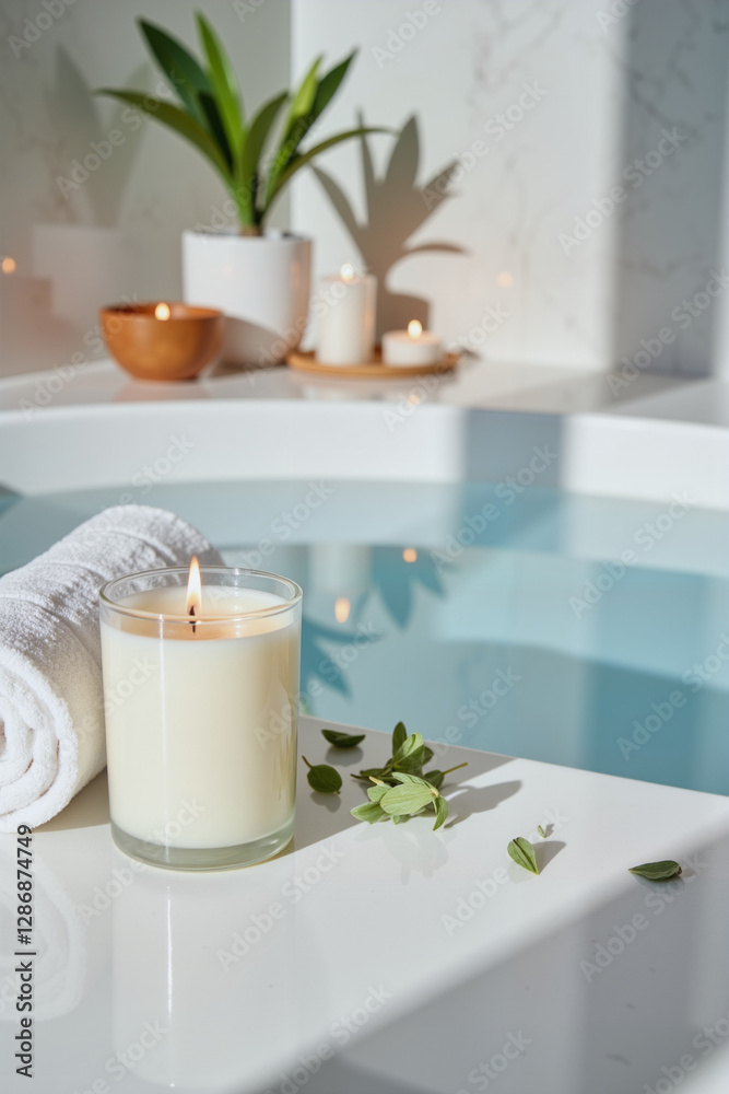 Obraz premium Soothing candlelight by modern bathtub on cloudy day, relaxation