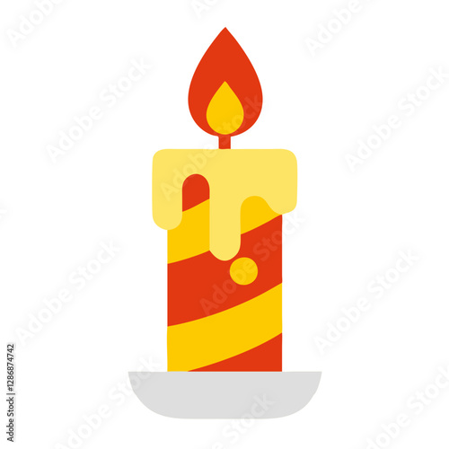 Colorful striped candle with dripping wax on white background