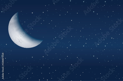 Dark blue night sky background with half moon and star design