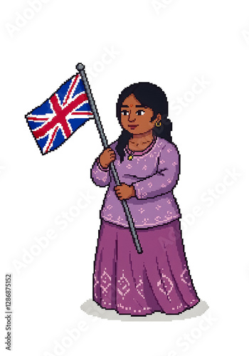 pixel art woman holding a flag of UK