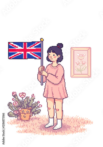 pixel art woman holding a flag of UK