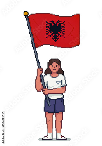 pixel art woman holding a flag of Albania