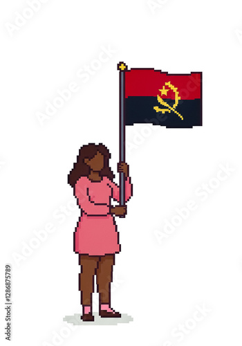 pixel art style woman holding a flag of Angola